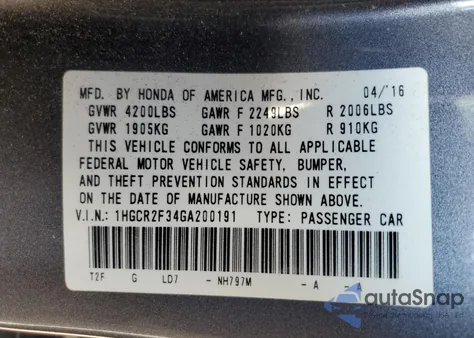 2016 Honda Accord Lx from USA, damaged, VIN 1HGCR2F34GA200191